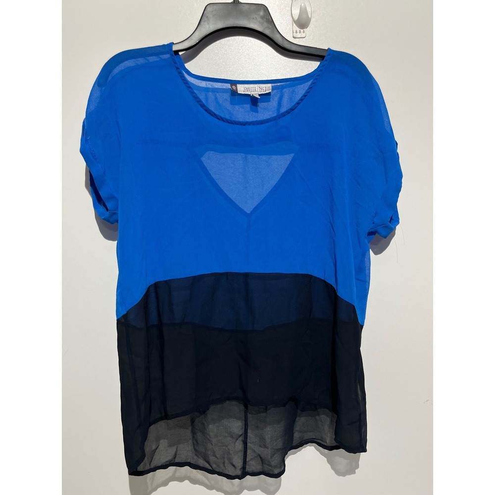 Jennifer Lopez Blue Colorblock Sheer Chiffon High-Low Blouse Cutout Top Medium